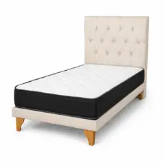 GENERICO - Cama Europea Plaza y Media Beige con Colchón y Respaldo Capitoné en Lino 105x190 cm