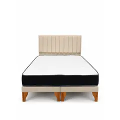 KUMARA - Cama Europea 2 Plazas Matrimonial Respaldo Lineal Lino Beige con Colchón de Resortes 150x190 cm