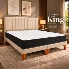 KUMARA - Cama Box King Size con Colchón Bonnell y Respaldo Lineal Lino Beige 180x200 cm