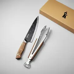 KANGKAWE - Set parrillero con cuchillo martillado y pinza