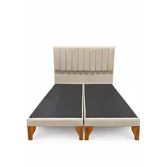 KUMARA - Estructura de Cama 2 Plazas Matrimonial Respaldo Lineal y Base Dividida en Lino Beige sin Colchón