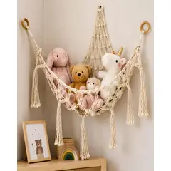 MYLHOGAR - Hamaca Organizadora De Peluches En Macramé Y Madera Para Dormitorio Infantil
