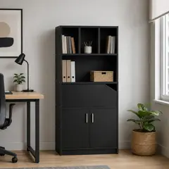 GENERICO - Librero Organizador Negro con 3 Nichos, 3 Puertas y Repisas 60x24x135 cm
