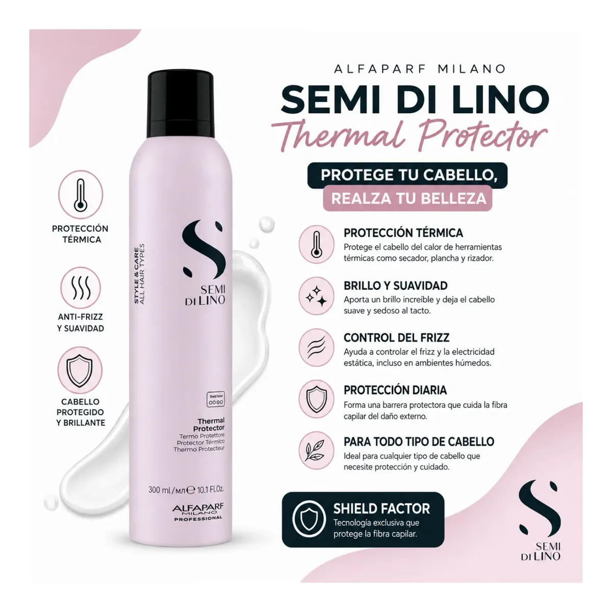 ALFAPARF MILANO - Protector Térmico Alfaparf Semi Di Lino Style & Care 300ml Brillo Suavidad Control Del Frizz