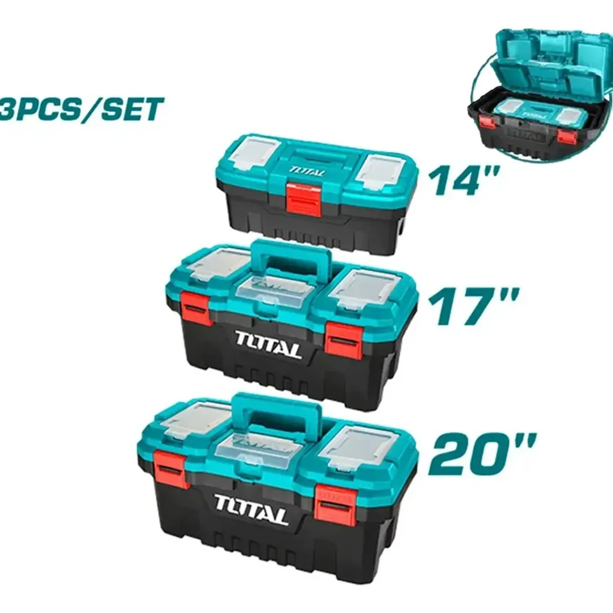 TOTAL - Set 3 Organizador Caja De Herramientas 14 17 Y 20 Pulg Marca Total  TPBXK0031 Color Turqueza 
