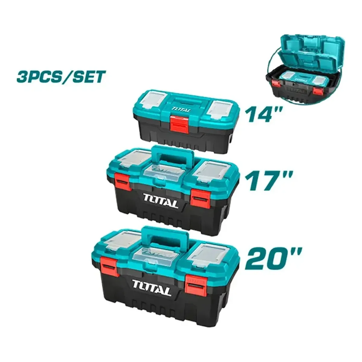 TOTAL - Set 3 Organizador Caja De Herramientas 14 17 Y 20 Pulg Marca Total  TPBXK0031 Color Turqueza 