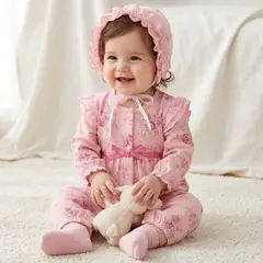 PEQUEÑA LUZ - Enterito Bebé Niña Algodón Manga Larga Estampado Floral + Gorro