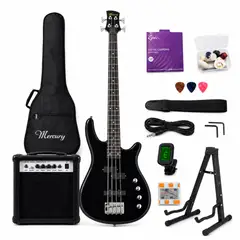 MERCURY - Bajo Eléctrico Pack Amplificador 20w + 9 Accesorios Negro