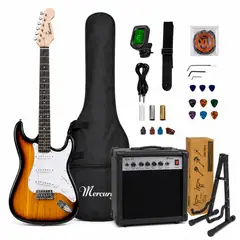 MERCURY - Pack Guitarra Eléctrica Stratocaster con Amplificador, Funda y Accesorios Color Sunbrust