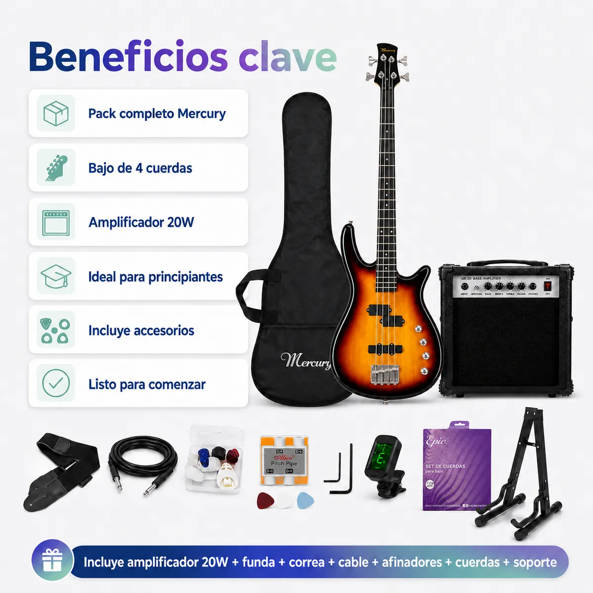 MERCURY - Bajo Eléctrico Pack Mercury Amplificador 20w + 9 Accesorios Sunbrust