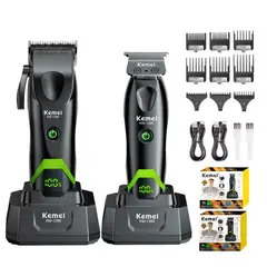 KEMEI - Combo Barbería KM-1386 Cortadora De Pelo + KM-1385 Trimmer Negro