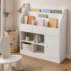 GENERICO - Librero Infantil Montessori con 3 Cajones y Puerta Blanco 90x30x100 cm