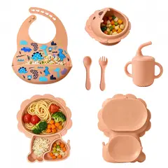 GENERICO - Set de Vajilla de Silicona Infantil Genérico León Rosa Palo 6 Piezas Libre de BPA