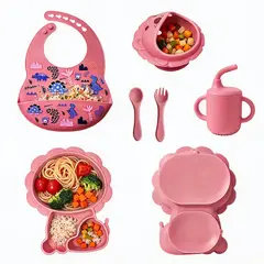 GENERICO - Set de Vajilla de Silicona Infantil Genérico León Rosa Oscuro 6 Piezas Libre de BPA