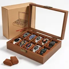 TSKY CHILE SHOPPING - Caja Para Relojes 10 Compartimientos Madera Nogal Con Tapa De Vidrio Exhibidor Premium