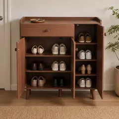 GENERICO - Zapatero moderno marrón para recibidor con 3 puertas y 1 cajón, repisas y patas 90x34x96,5cm
