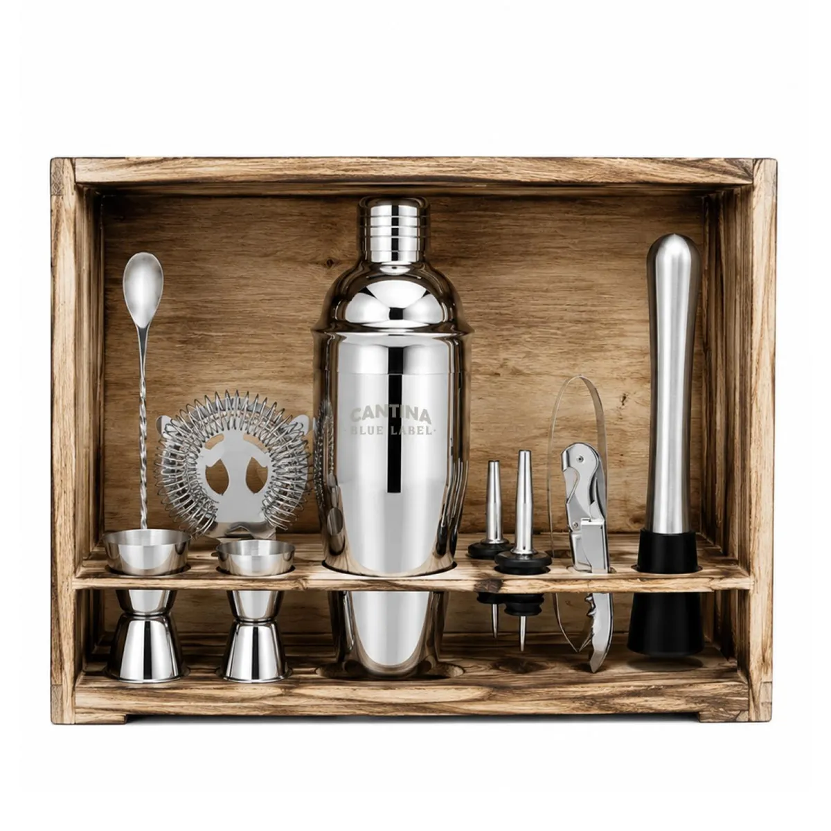 CANTINA - Coctelera Set Bartender Cantina Acero Inoxidable Caja Madera
