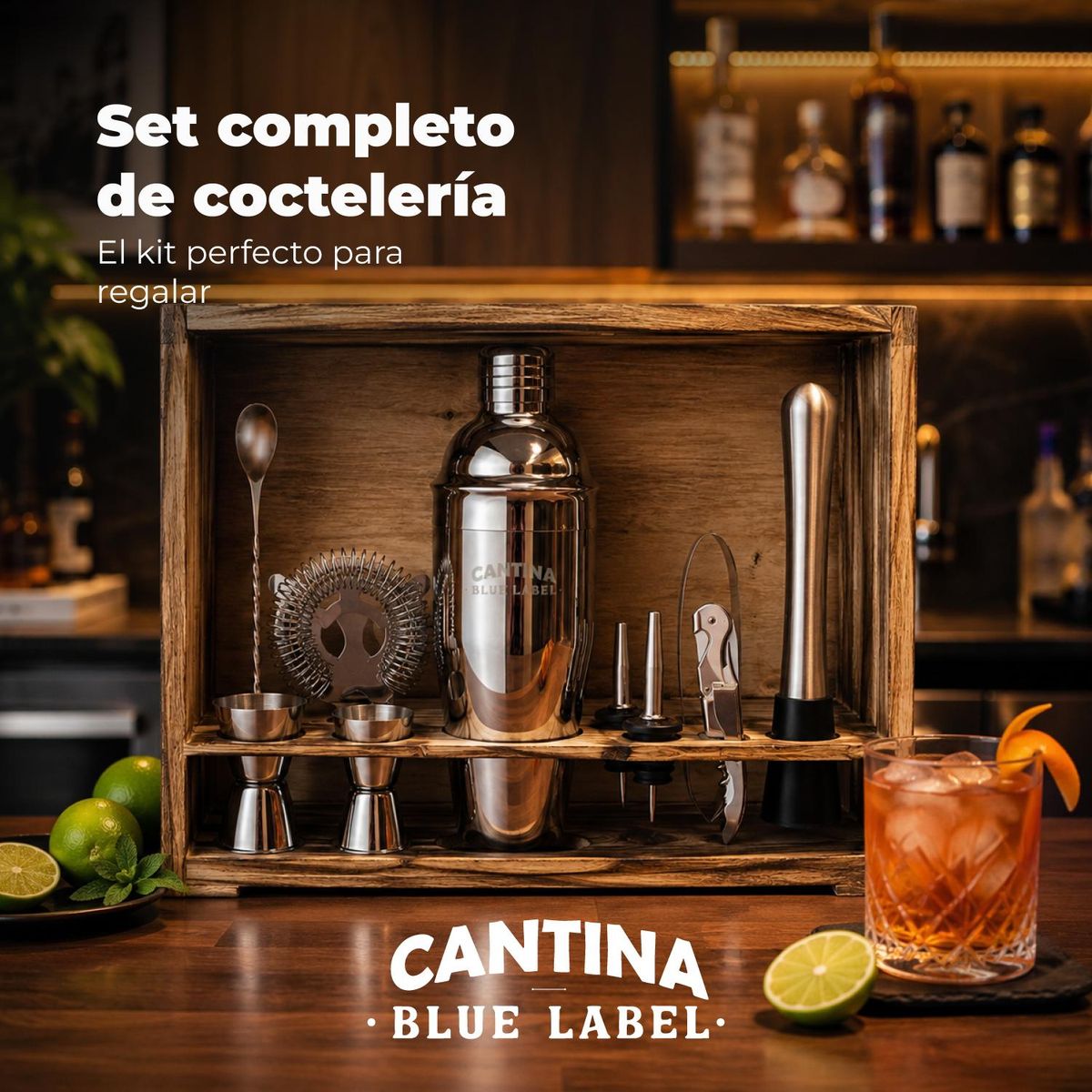 CANTINA - Coctelera Set Bartender Cantina Acero Inoxidable Caja Madera