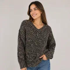 ACCESORIA - Sweater Mujer Tejido Jaspeado Cuello V Manga Larga