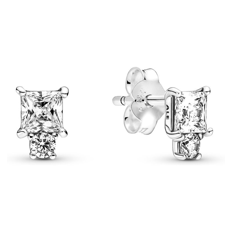 PANDORA - Aretes De Botón Círculo Y Cuadrado Brillantes Mujer Pandora