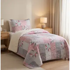 GENERICO - Cubrecama Quilt Sherpa 1.5 Plazas - Patchwork Shiraz Rosa M973