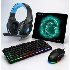 IMICE - Kit Gamer 4 En 1 Gk-470 Teclado Mouse Audífonos Y Pad Negro-Azul
