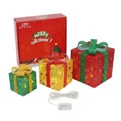 CRUSEC - Set 3 Cajas Regalo Navideñas Con Luces LED Cálido