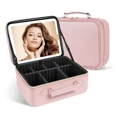 GENACOL - Estuche Osganizador de Maquillaje Viajero Con Espejo Led Recargable Rosa