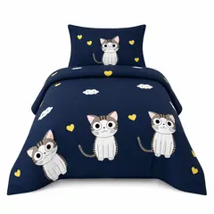 GENERICO - Cubrecama Quilt De Verano De 1.5 Plazas Diseño De Gatitos Y Corazones Amarillos
