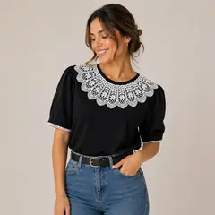 ACCESORIA - Blusa Mujer Manga Corta Cuello Encaje Bordado Elegante