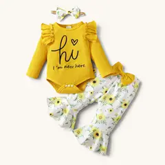 CHINA - Conjunto De Body Manga Larga + Pantalon Pata Ancha Y Diadema Para Niñas Primavera Verano