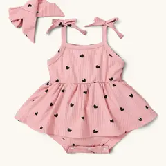 CHINA - Conjunto De Body Vestido + Diadema Rosado Con Estampado De Corazones Para Niñas Primavera Verano