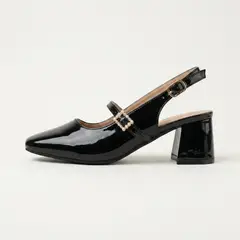 MD - Zapato Mujer Slingback Taco Grueso Hebilla Perlas Charol Negro