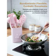 YOLIKITCHEN - Set Utensilios Cocina Silicona 12 Piezas c/Mango Madera. Antiadherente,Resistente Calor,Organizador.