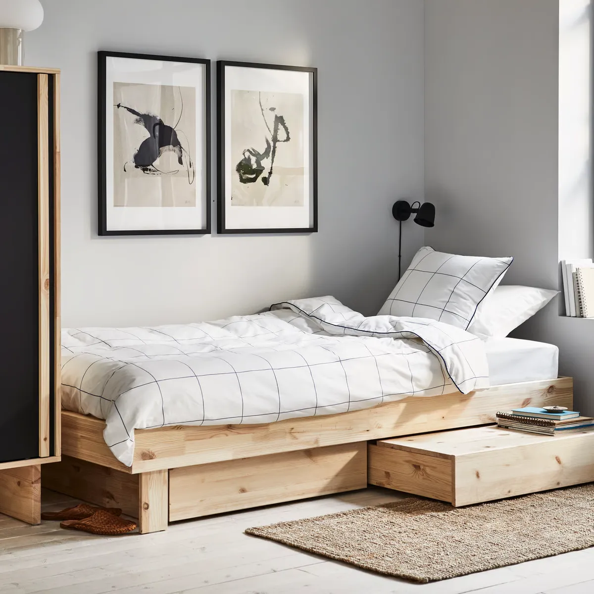 IKEA - Cama extensible con almacenaje GLAMBERGET, pino, 80-160x200 cm