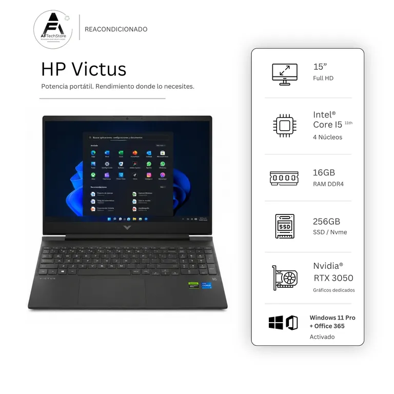 Notebook Victus 016 I5 11th 16GB 256GB RTX 3050 Edición Exclusiva Win Office Rea.