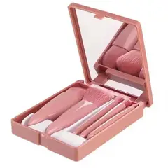 GENERICO - Set 5 Brochas de Maquillaje con Estuche Espejo color Rosa