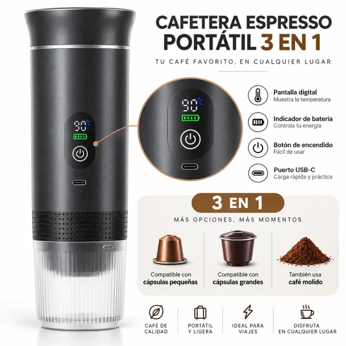 ESTILODOMUS - Cafetera Espresso Portátil 3 en 1  Calienta y Extrae Café Automáticamente