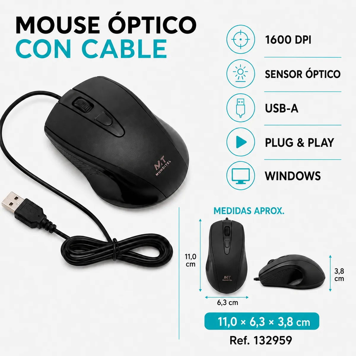 MUNDITEL - Mouse Óptico con Cable USB 1600 DPI 4 Botones Negro para PC y Notebook