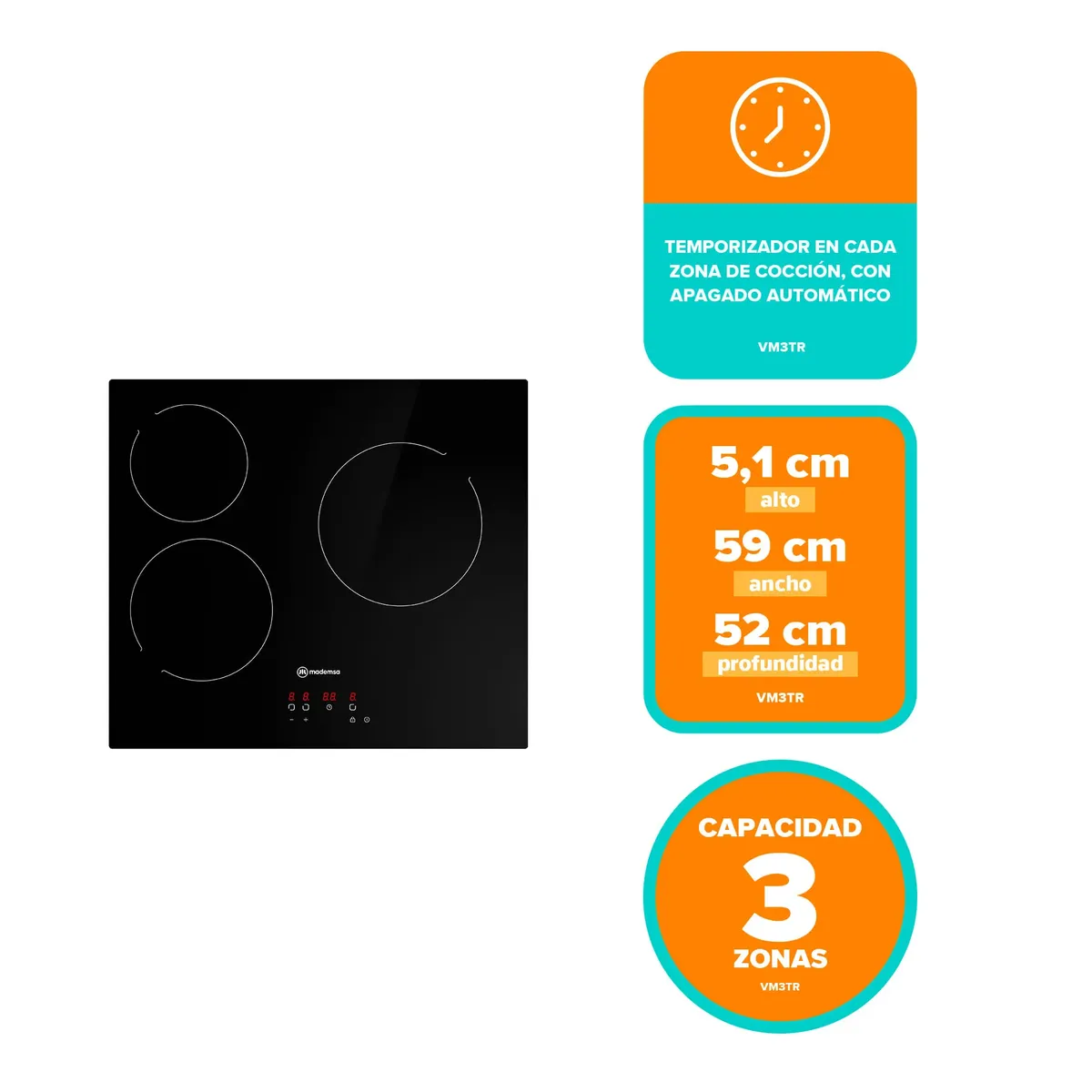 MADEMSA - Encimera Mademsa Vitrocerámica 3 Platos VM3TR