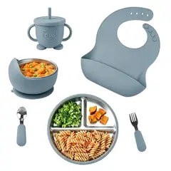 YOLIKITCHEN - Juego Utensilios Bebé: Acero Inox. 304 y Silicona. Antideslizante, Sin Olor, Libre BPA.