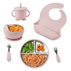 YOLIKITCHEN - Juego Utensilios Bebé: Acero Inox. 304 y Silicona. Antideslizante, Sin Olor, Libre BPA.