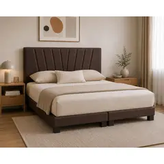 GENERICO - Cama Europea Fluted 2 Plazas Lino Café Respaldo en V y Colchón Bonnell 150x190 cm