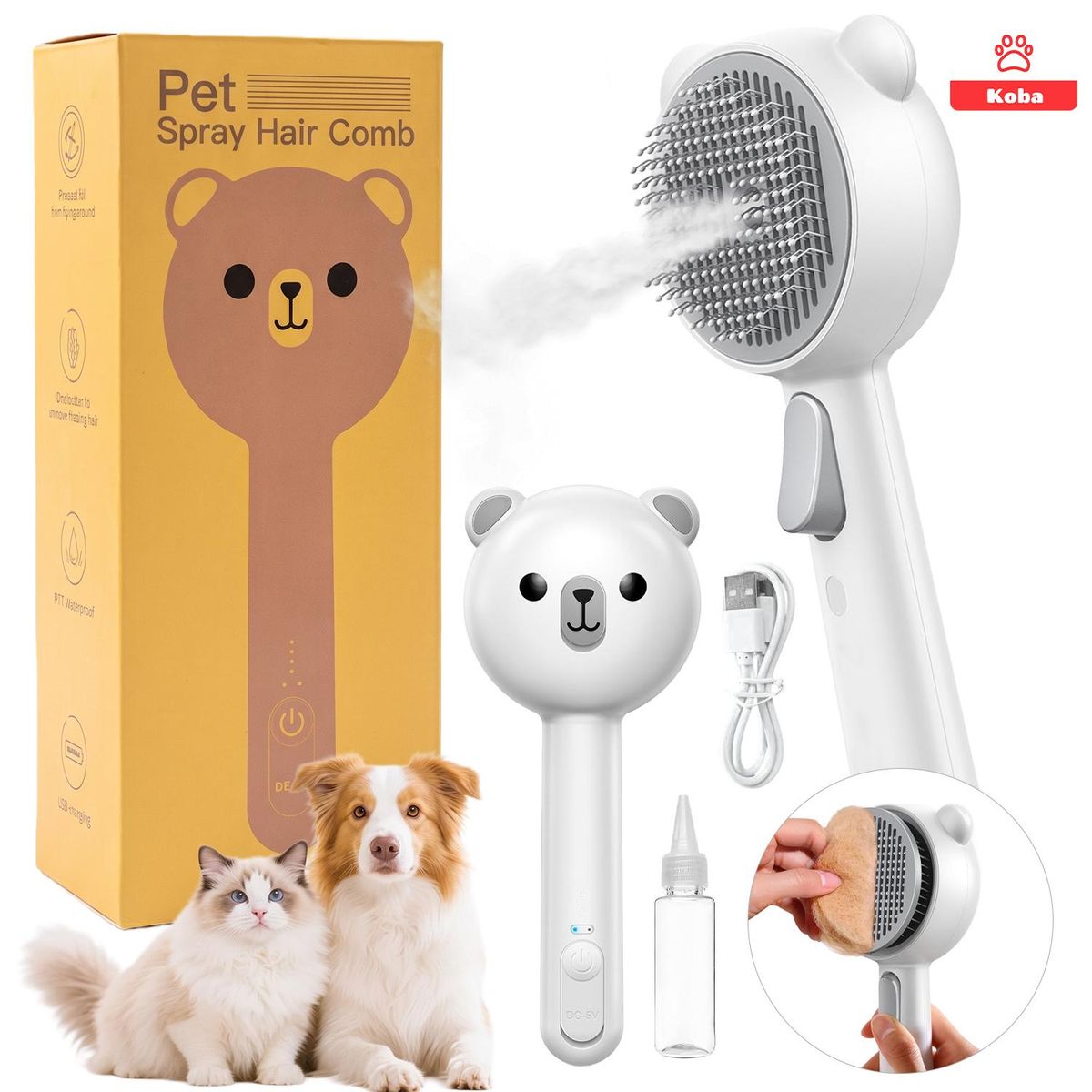 KOBA - Cepillo A Vapor Para Perros Gatos Autolimpiante Con 2 Modos