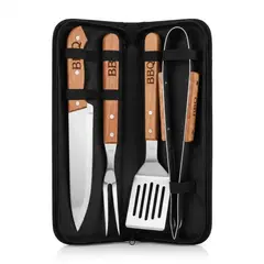 GENERICO - Kit Parrillero 4 Piezas Con Estuche BBQ Quincho Asado 33cm