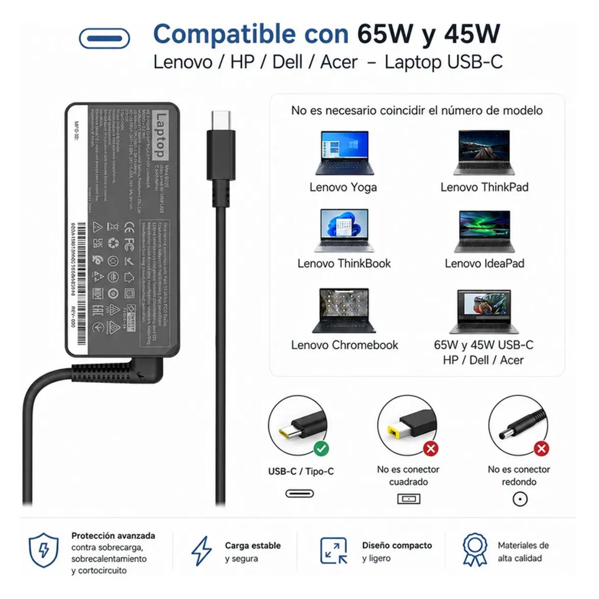 LENOVO - Cargador Notebook Usb-c 65w Para Lenovo Hp Dell Asus