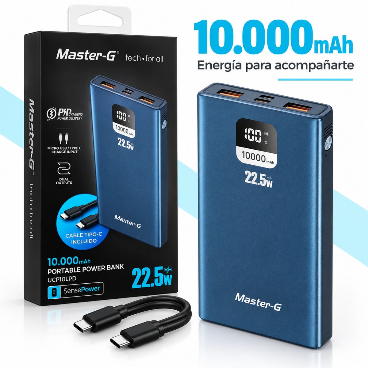 MASTER G - Power Bank Master G 10000mAh Carga Rapida 22.5W Azul