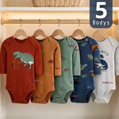 TEDMIMAK - Pack 5 Bodys Manga Larga %100 Algodón Niño Baby Dino