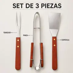 INDEPENDIENTE - Set Utensilios Para Parrilla Asado 3 Piezas Acero Inoxidable
