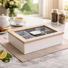 GENERICO - Caja de Madera para Té con 6 Compartimentos y Tapa de Vidrio